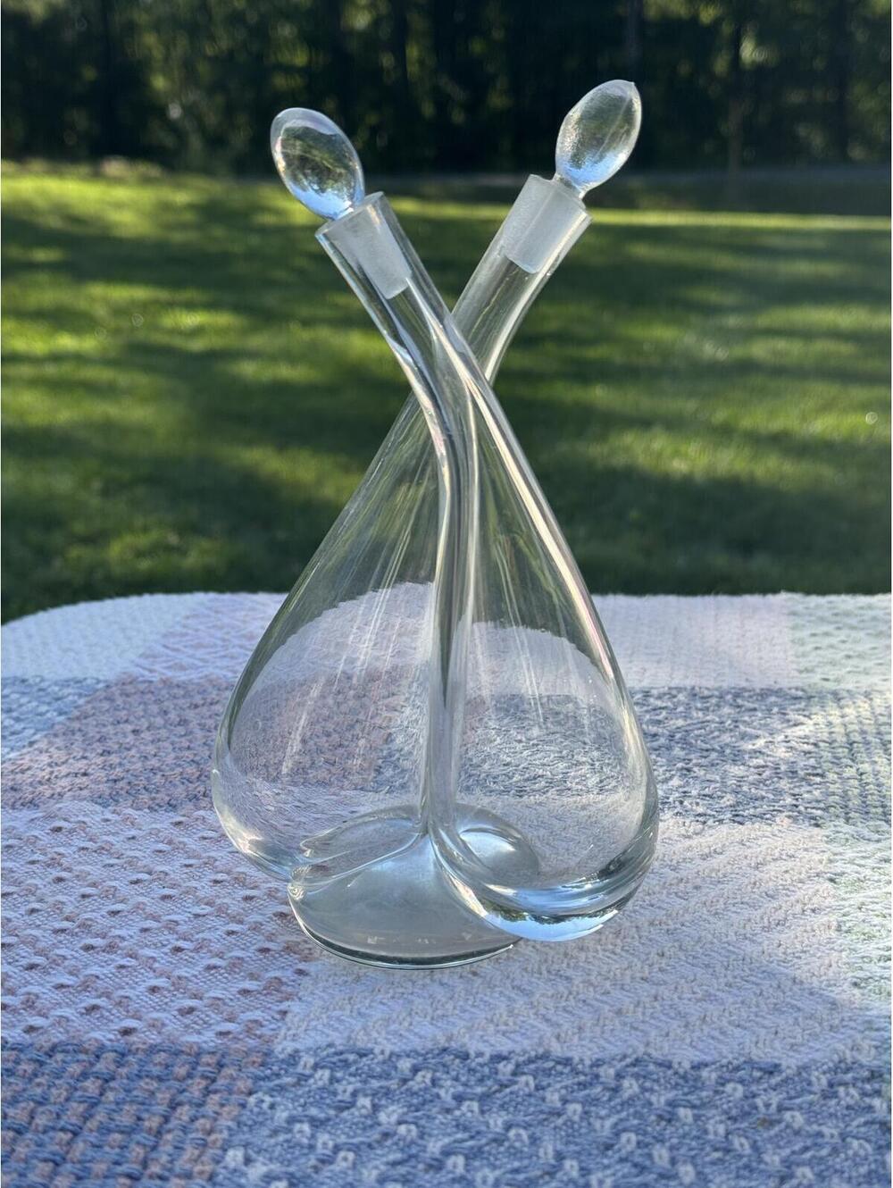 Vintage Clear Glass Oil and Vinegar Decanter with Stoppers